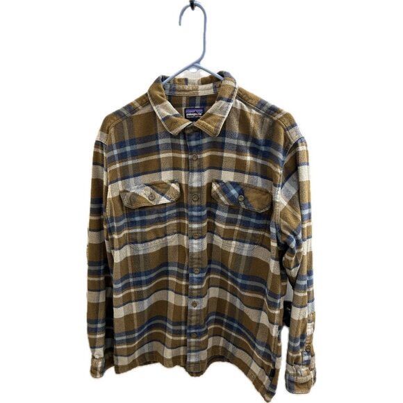 Patagonia Fjord Organic Cotton Brown/Blue Plaid Flannel Shirt Mens L - Picture 1 of 11